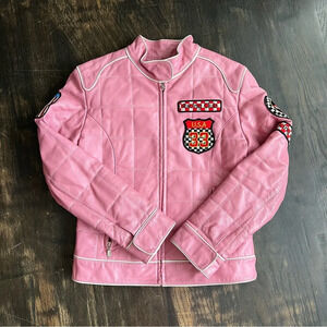 Marcia Collection Cafe Racer Pink Black Leather Women's Motorcycle Jacket Small